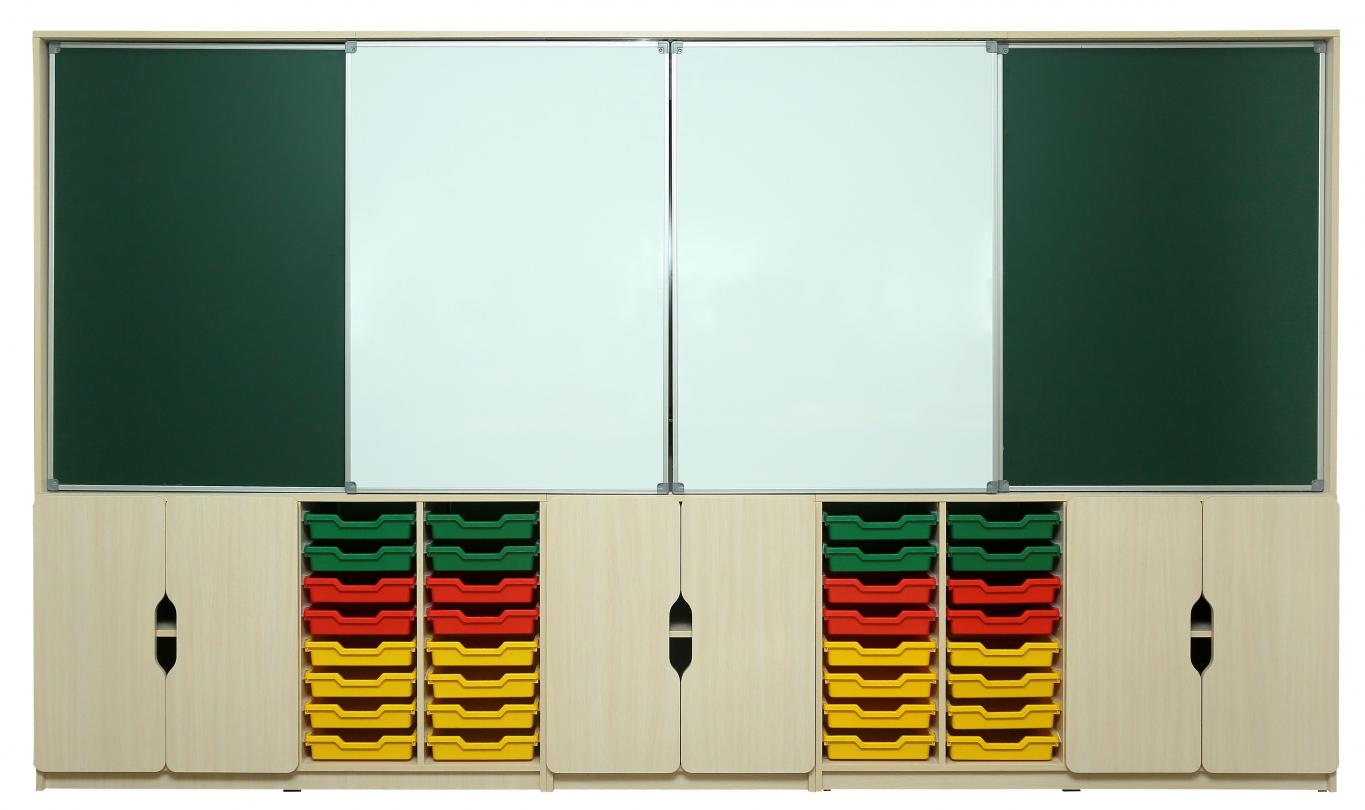 Дошка аудиторна магнітно-маркерна, комбінована з 4-ма робочими поверхнями (900х1244 мм), під крейду та маркер, стаціонарна, АЛМАНТ, 3600х460х2115 мм.